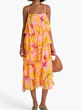 FARM Rio Banana Taste Irregular Tiered Midi Dress XS NWT